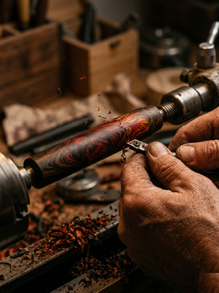 Artisan turning ebonite on a lathe