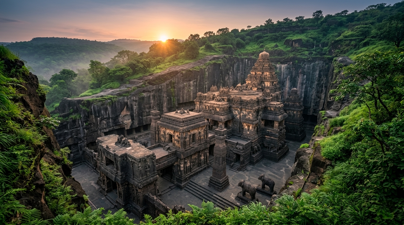 Kailasa Temple carved from rock at Ellora Caves, Maharashtra